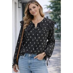Black Floral Eyelet Ruffle Collar Blouse Size Medium Boho Cottagecore